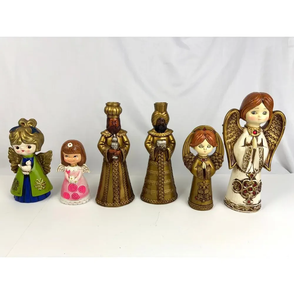 Lot of 6 Vintage Gold Painted Three Wise Men Angels‎ Nativity Chalkware MCM